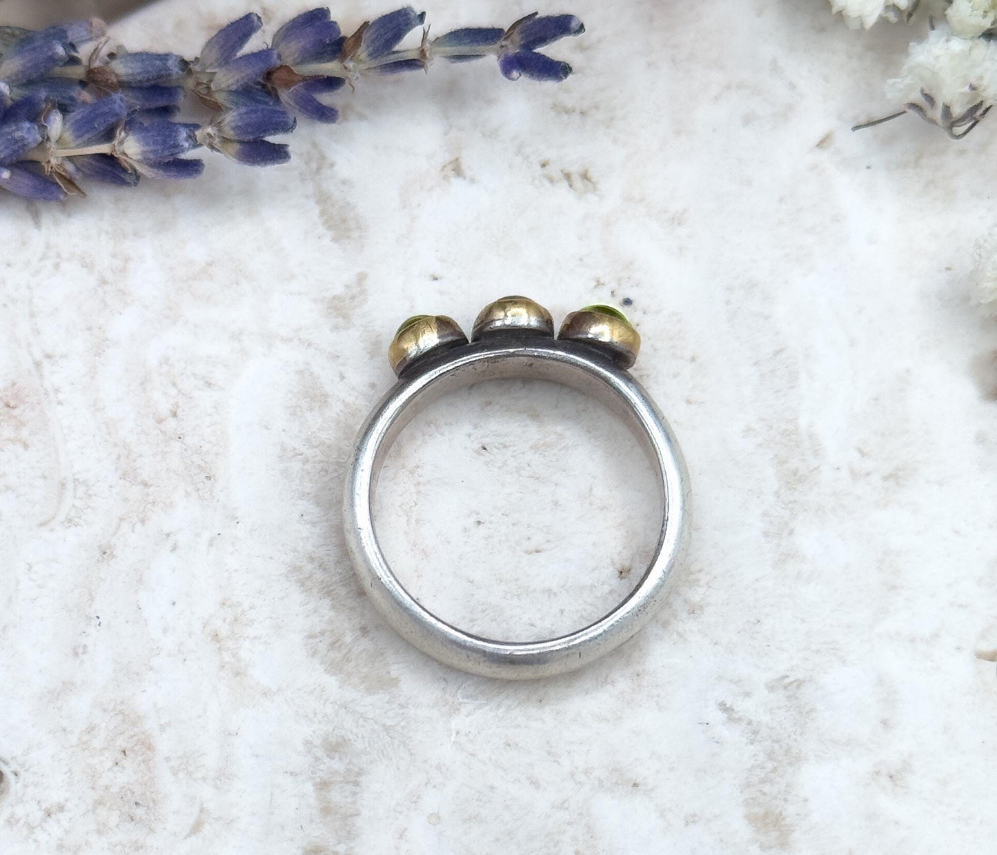 Handmade Three-Stone Peridot Garnet Ring Sterling Silver 22K Gold