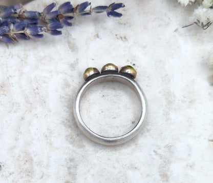 Handmade Three-Stone Peridot Garnet Ring Sterling Silver 22K Gold