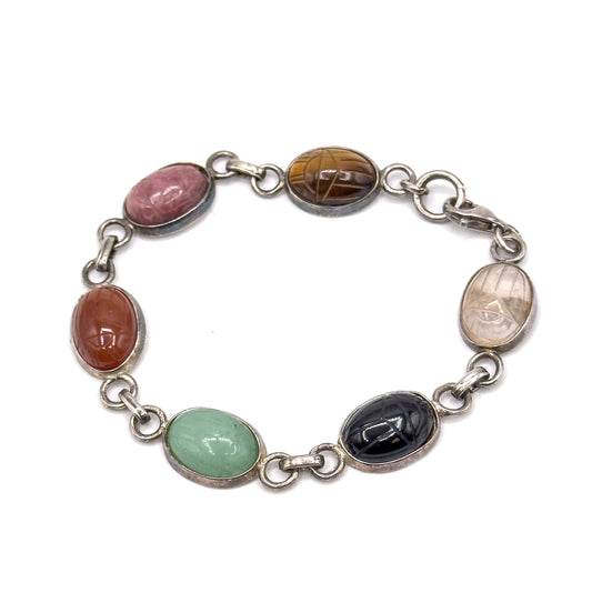 Vintage Multicolor Stone Scarab Bracelet in Silver
