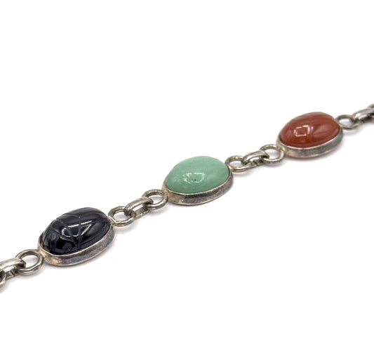 Vintage Multicolor Stone Scarab Bracelet in Silver