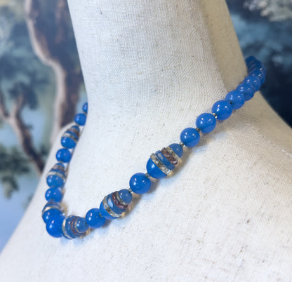 Art Deco Blue Glass Split Bead Necklace on Silver Chain