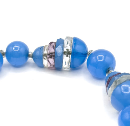 Art Deco Blue Glass Split Bead Necklace on Silver Chain