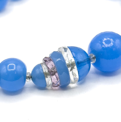 Art Deco Blue Glass Split Bead Necklace on Silver Chain