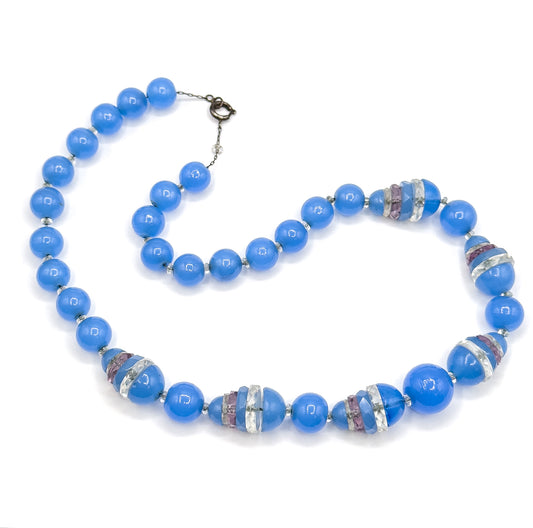 Art Deco Blue Glass Split Bead Necklace on Silver Chain