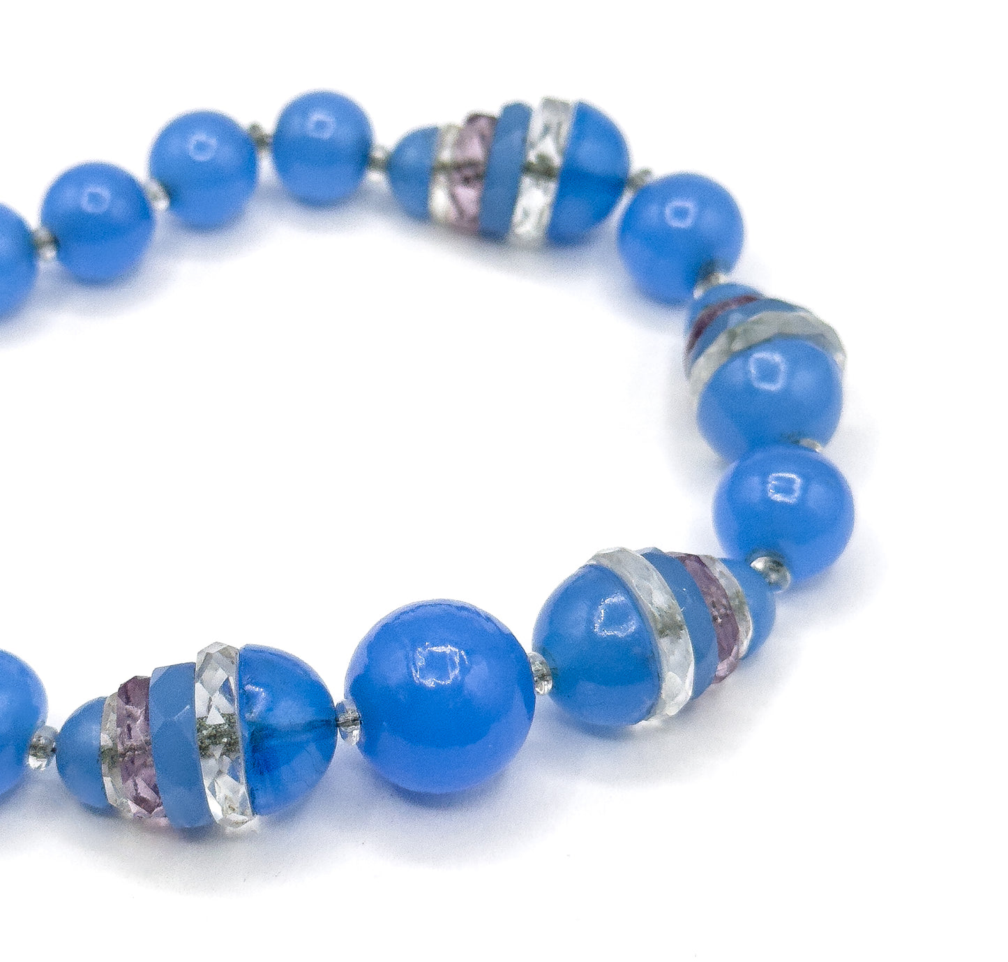 Art Deco Blue Glass Split Bead Necklace on Silver Chain