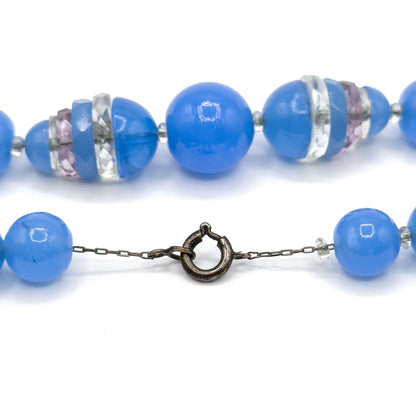 Art Deco Blue Glass Split Bead Necklace on Silver Chain