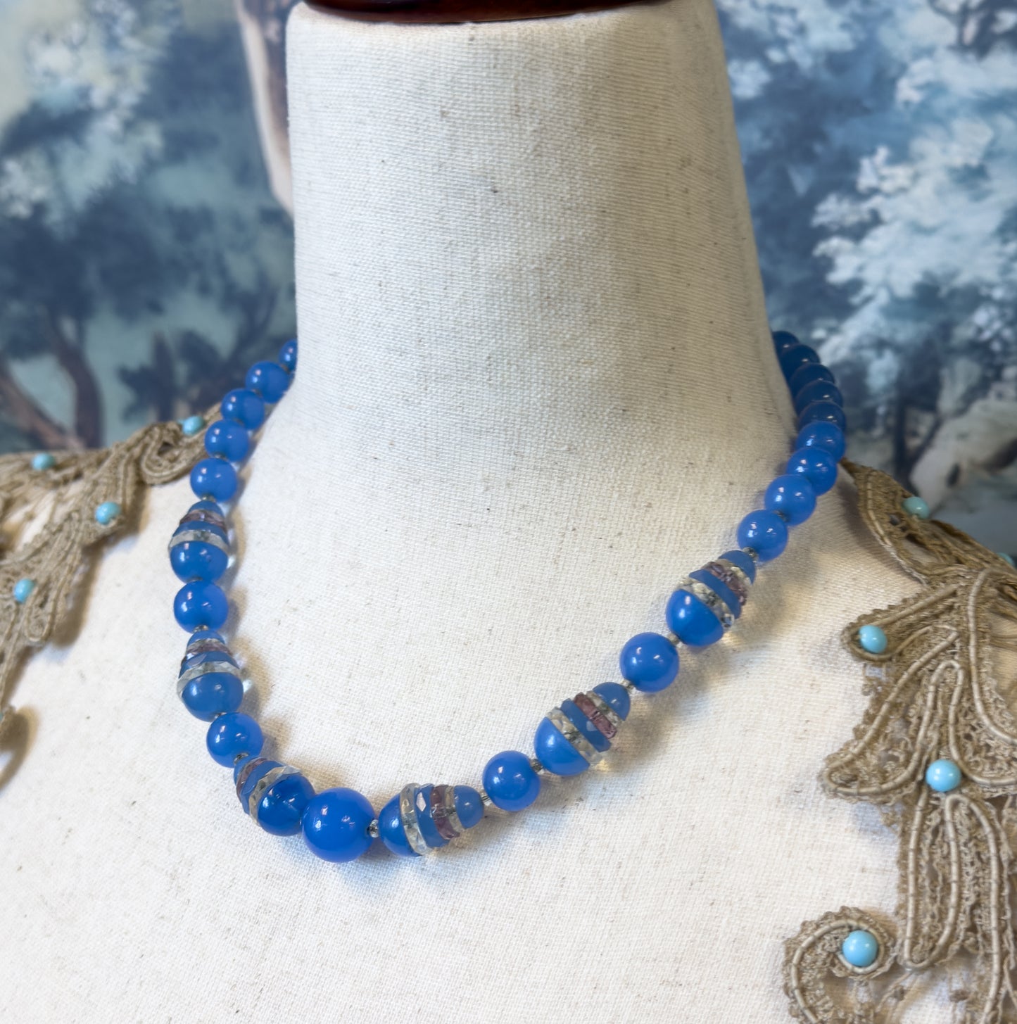 Art Deco Blue Glass Split Bead Necklace on Silver Chain