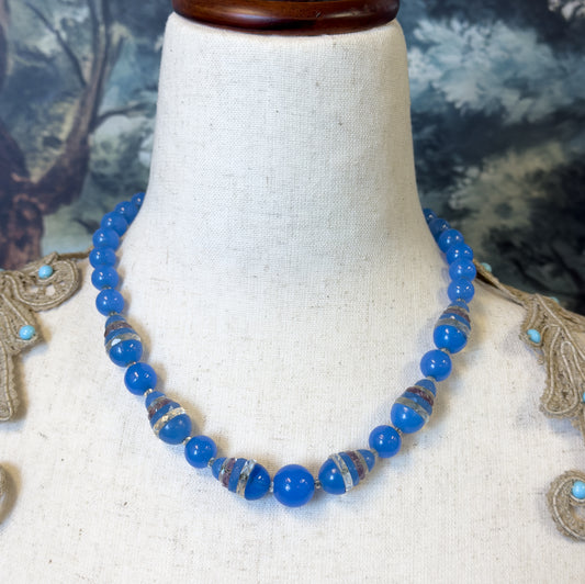 Art Deco Blue Glass Split Bead Necklace on Silver Chain