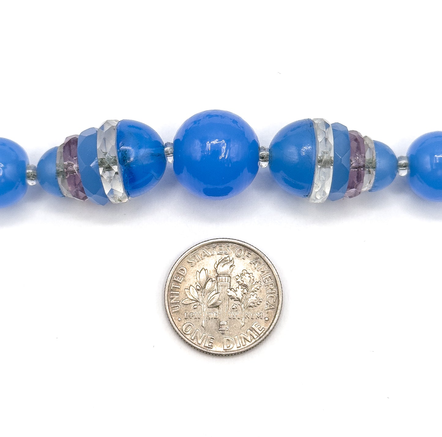 Art Deco Blue Glass Split Bead Necklace on Silver Chain