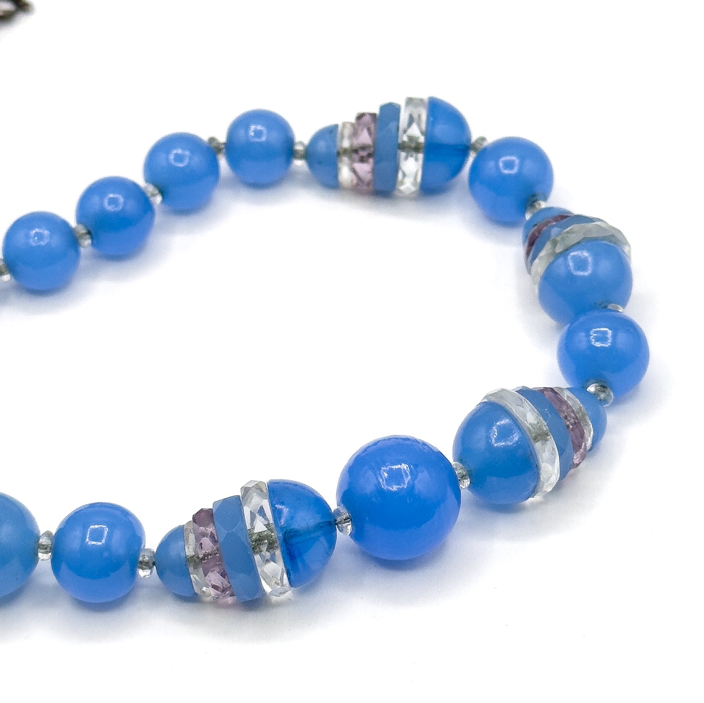 Art Deco Blue Glass Split Bead Necklace on Silver Chain