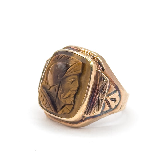 1940s Vintage Tigers Eye Solider Cameo Ring in Gold