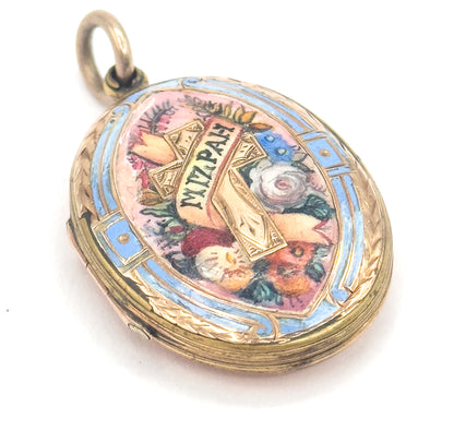Victorian Mizpah Enamel Locket Pendant in Gold Tone