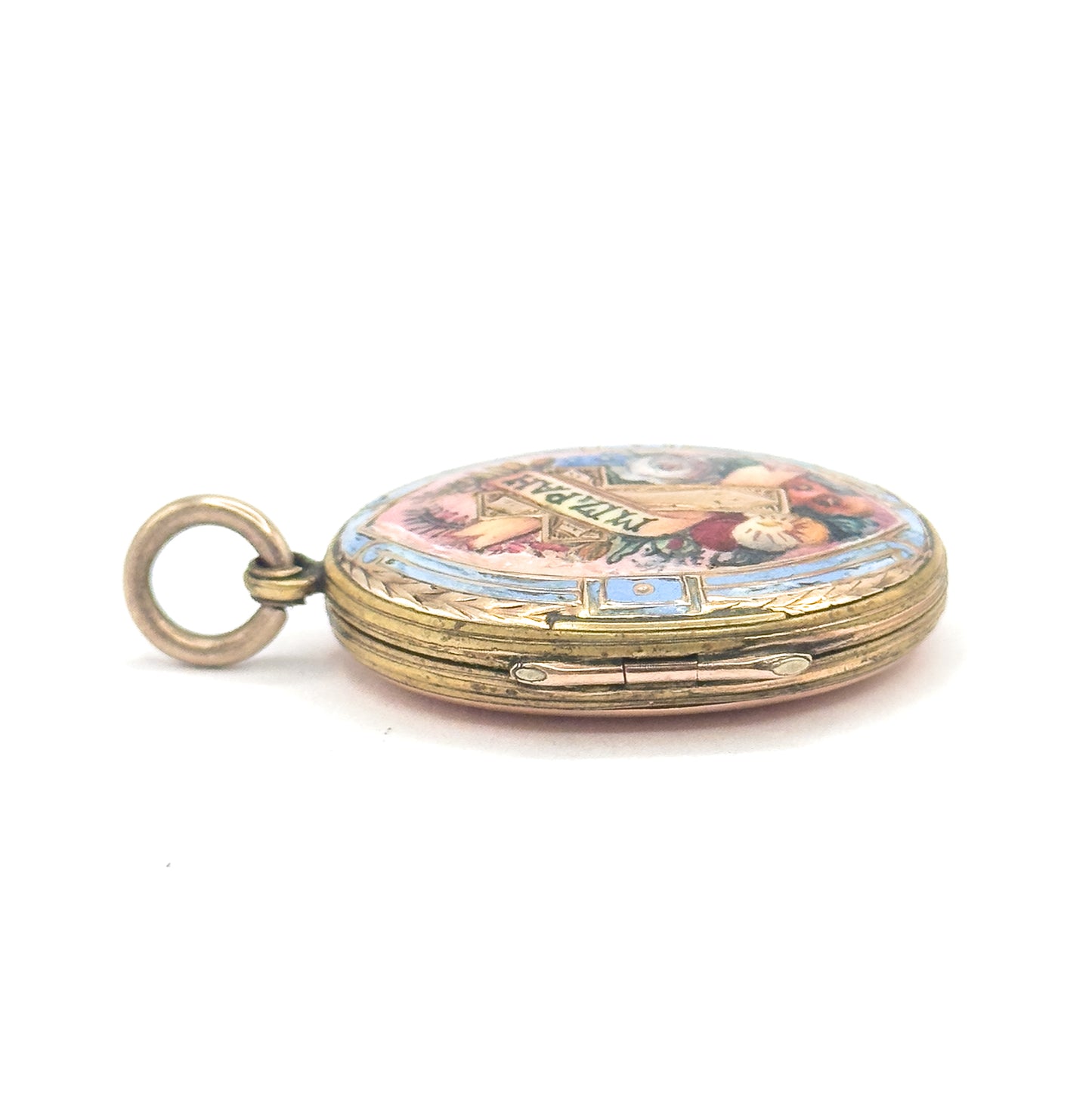Victorian Mizpah Enamel Locket Pendant in Gold Tone