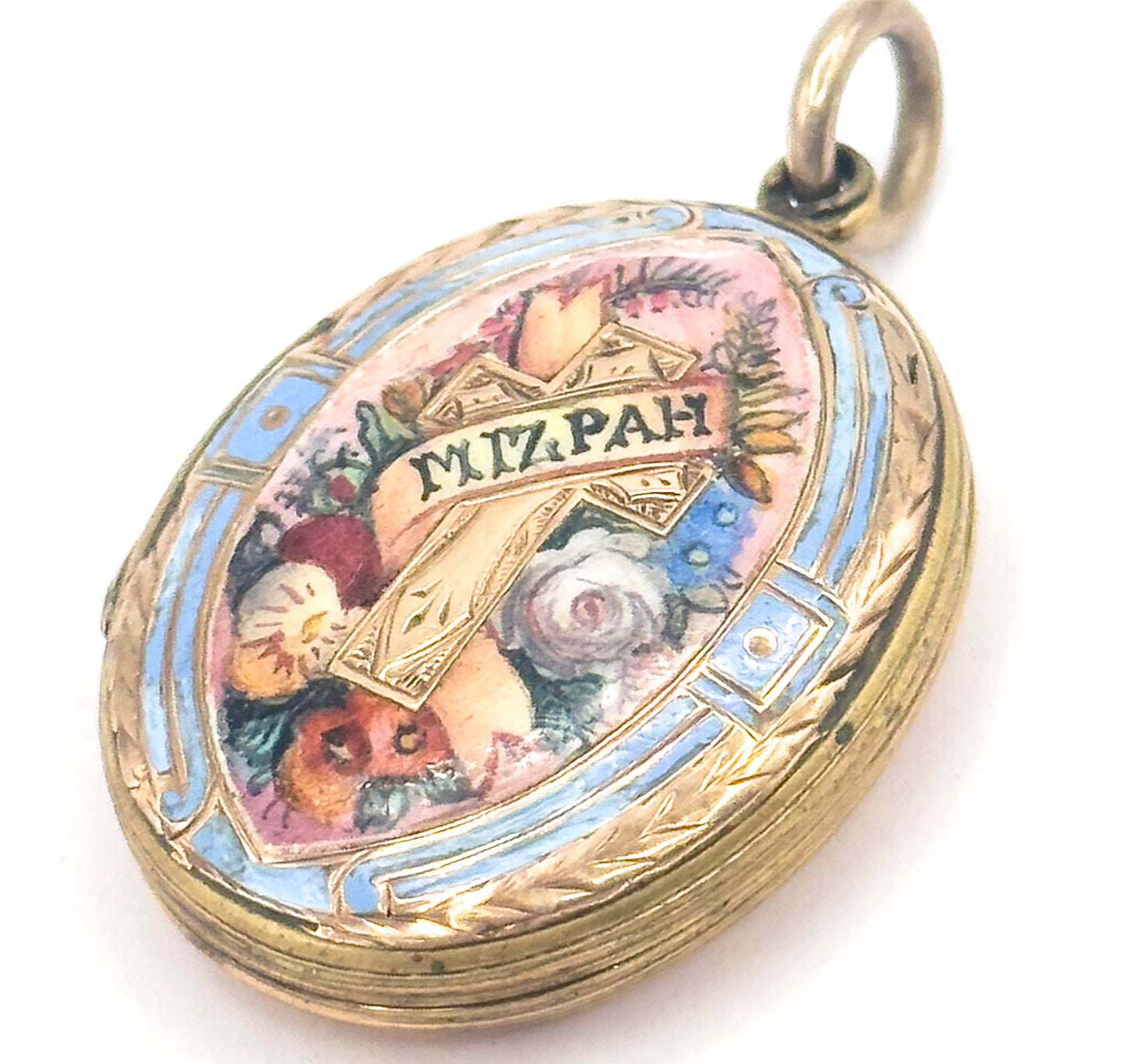 Victorian Mizpah Enamel Locket Pendant in Gold Tone
