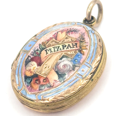 Victorian Mizpah Enamel Locket Pendant in Gold Tone