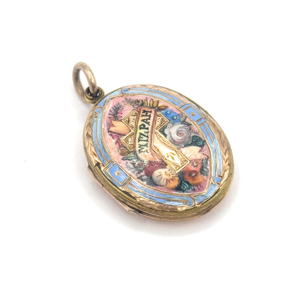 Victorian Mizpah Enamel Locket Pendant in Gold Tone