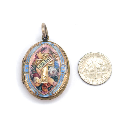 Victorian Mizpah Enamel Locket Pendant in Gold Tone