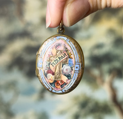 Victorian Mizpah Enamel Locket Pendant in Gold Tone