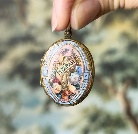Victorian Mizpah Enamel Locket Pendant in Gold Tone