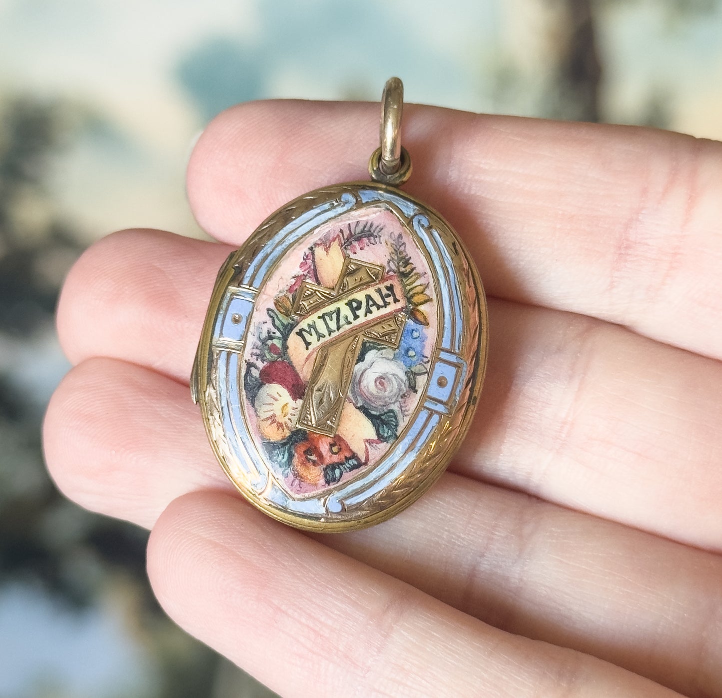 Victorian Mizpah Enamel Locket Pendant in Gold Tone