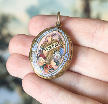 Victorian Mizpah Enamel Locket Pendant in Gold Tone