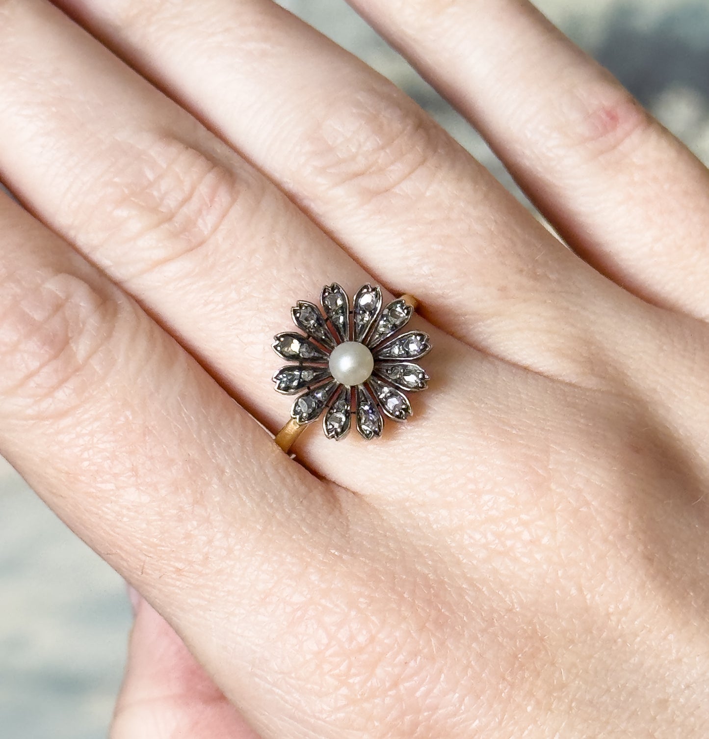 Victorian Rose Cut Diamond & Pearl Flower Ring in 18K, Silver topped