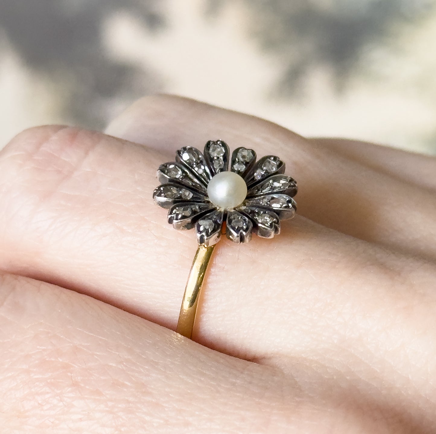 Victorian Rose Cut Diamond & Pearl Flower Ring in 18K, Silver topped
