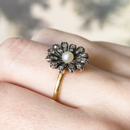 Victorian Rose Cut Diamond & Pearl Flower Ring in 18K, Silver topped