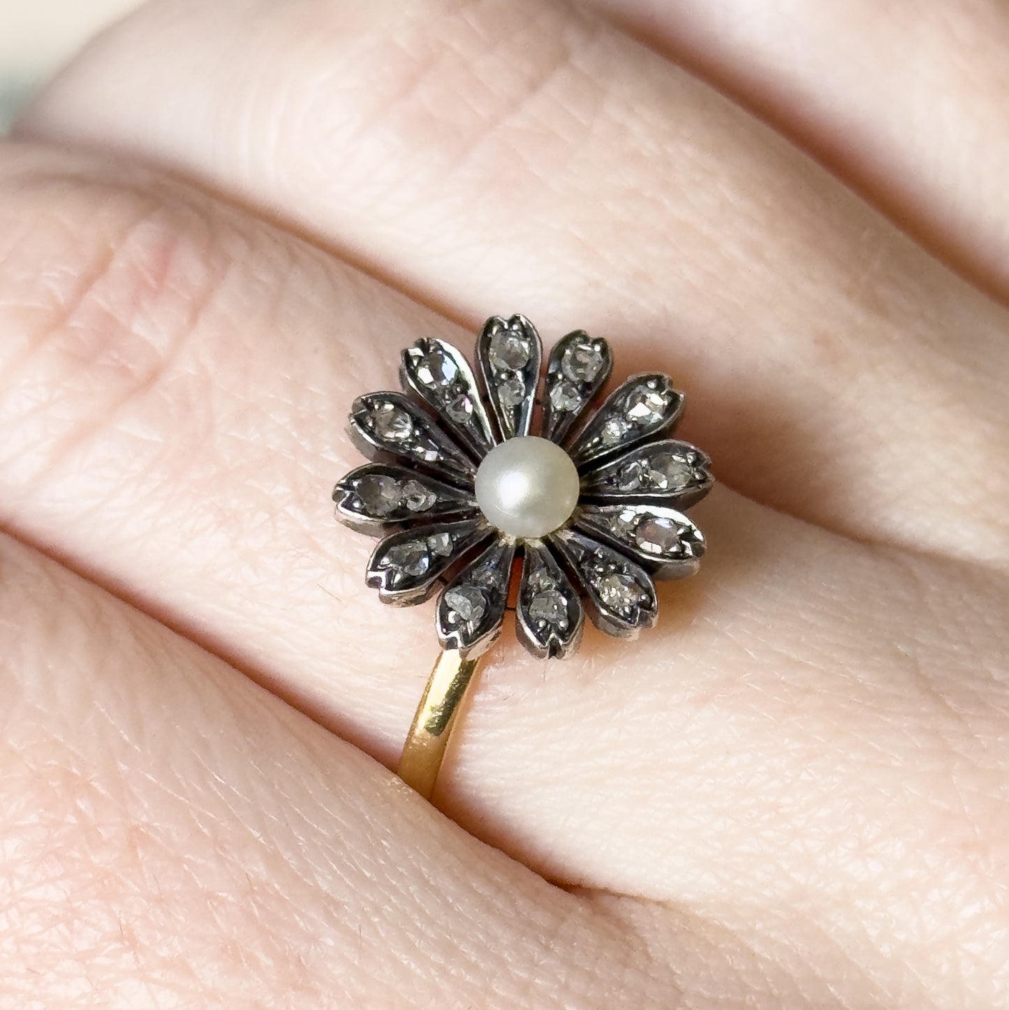 Victorian Rose Cut Diamond & Pearl Flower Ring in 18K, Silver topped