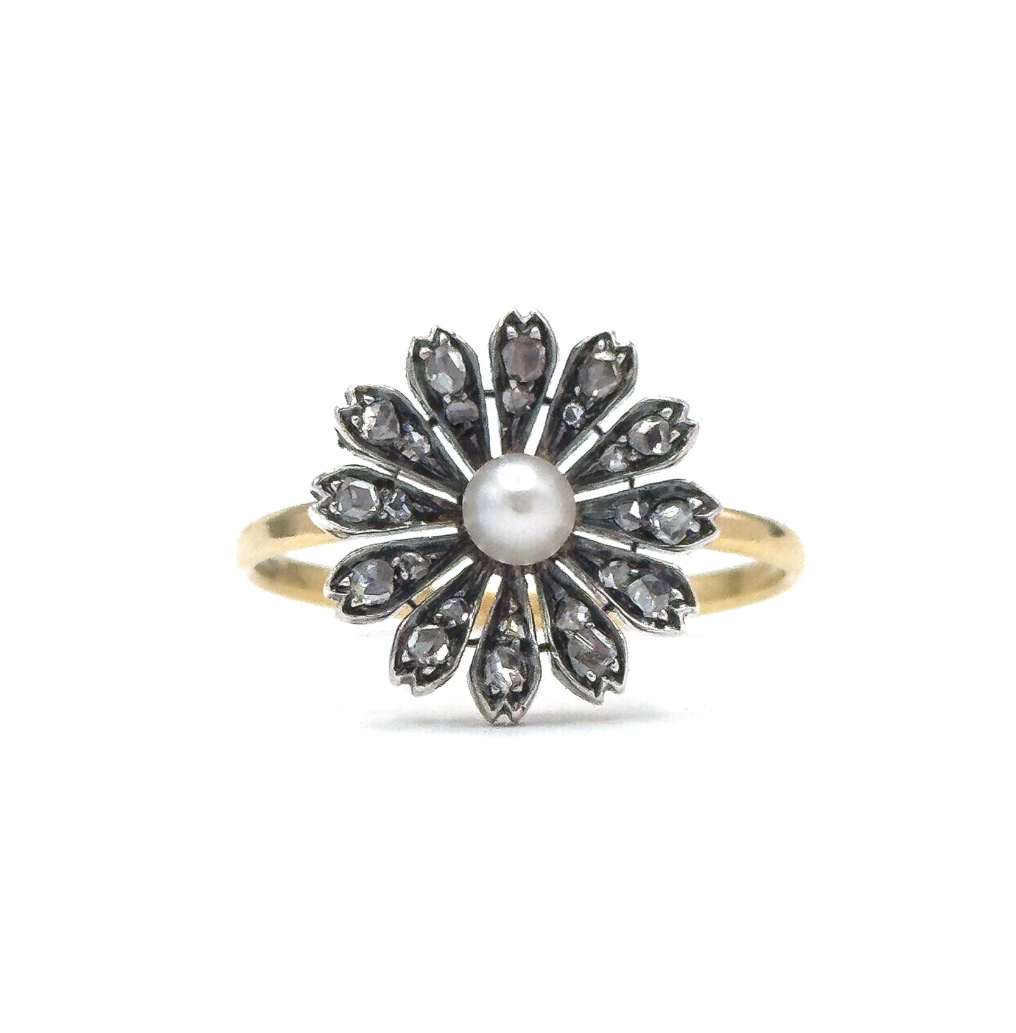Victorian Rose Cut Diamond & Pearl Flower Ring in 18K, Silver topped