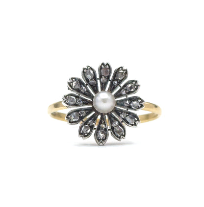 Victorian Rose Cut Diamond & Pearl Flower Ring in 18K, Silver topped