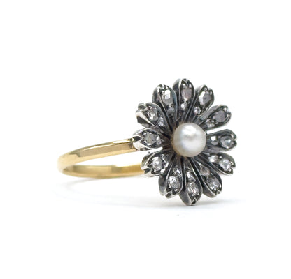 Victorian Rose Cut Diamond & Pearl Flower Ring in 18K, Silver topped