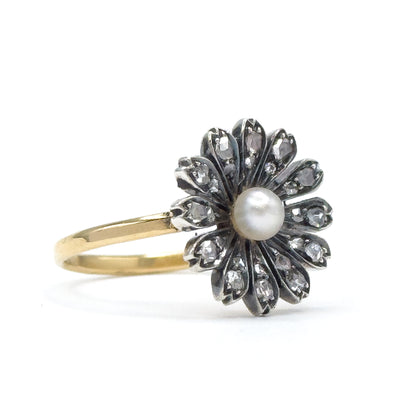 Victorian Rose Cut Diamond & Pearl Flower Ring in 18K, Silver topped