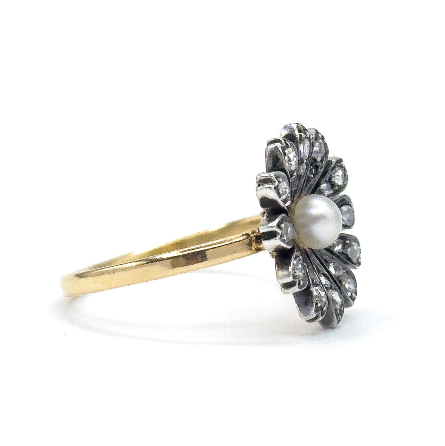 Victorian Rose Cut Diamond & Pearl Flower Ring in 18K, Silver topped