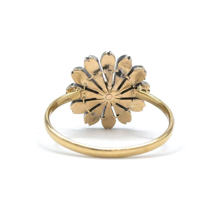 Victorian Rose Cut Diamond & Pearl Flower Ring in 18K, Silver topped