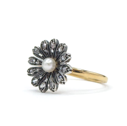 Victorian Rose Cut Diamond & Pearl Flower Ring in 18K, Silver topped