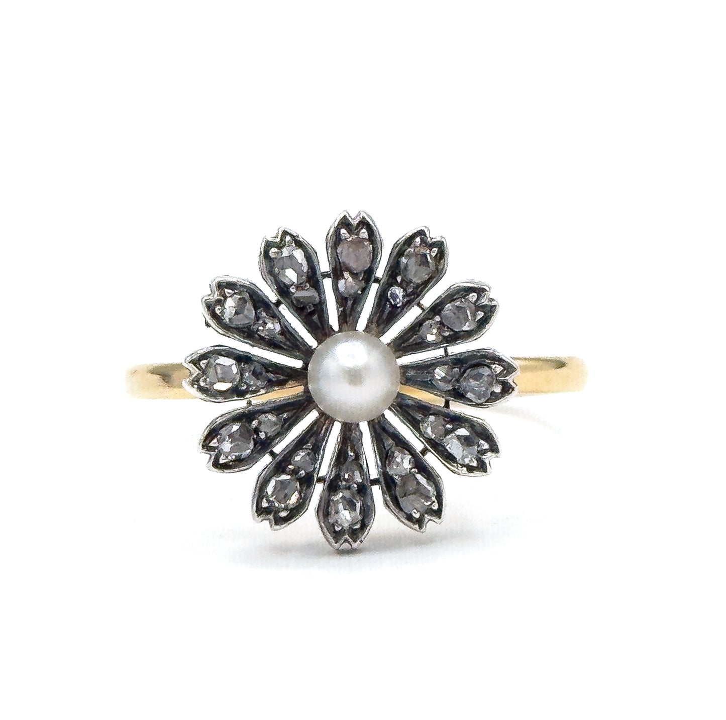 Victorian Rose Cut Diamond & Pearl Flower Ring in 18K, Silver topped
