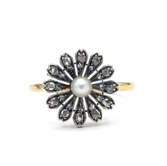 Victorian Rose Cut Diamond & Pearl Flower Ring in 18K, Silver topped