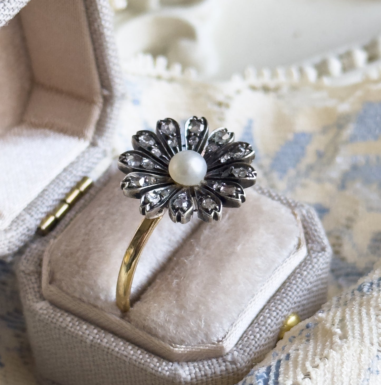 Victorian Rose Cut Diamond & Pearl Flower Ring in 18K, Silver topped