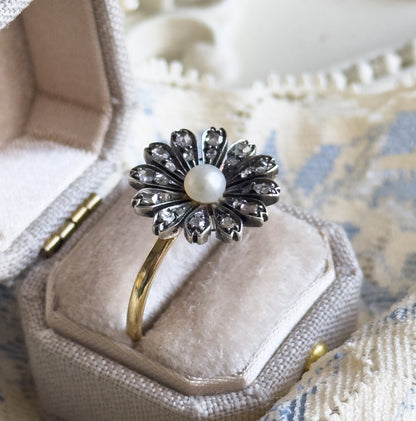 Victorian Rose Cut Diamond & Pearl Flower Ring in 18K, Silver topped