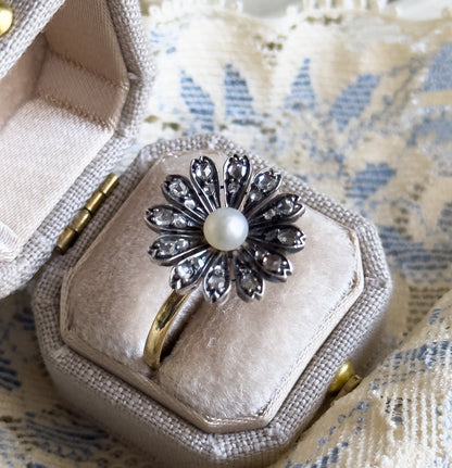 Victorian Rose Cut Diamond & Pearl Flower Ring in 18K, Silver topped