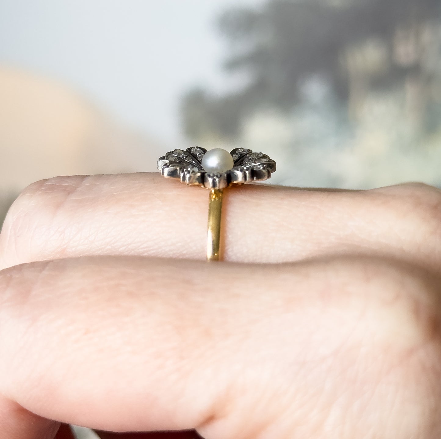 Victorian Rose Cut Diamond & Pearl Flower Ring in 18K, Silver topped