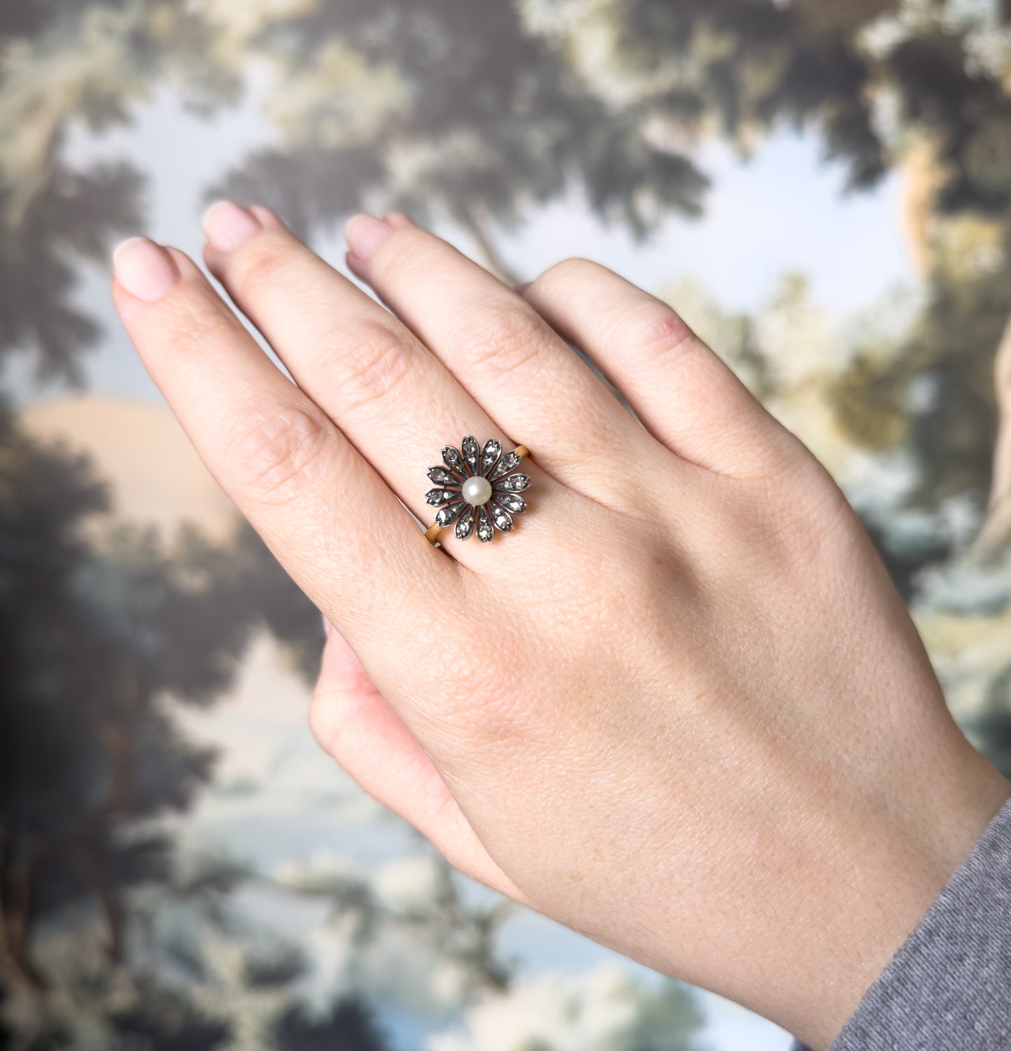 Victorian Rose Cut Diamond & Pearl Flower Ring in 18K, Silver topped