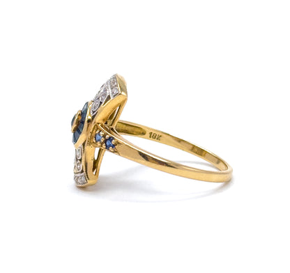 Vintage Art Deco Style Target Ring with Diamonds & Sapphires in 18K Gold