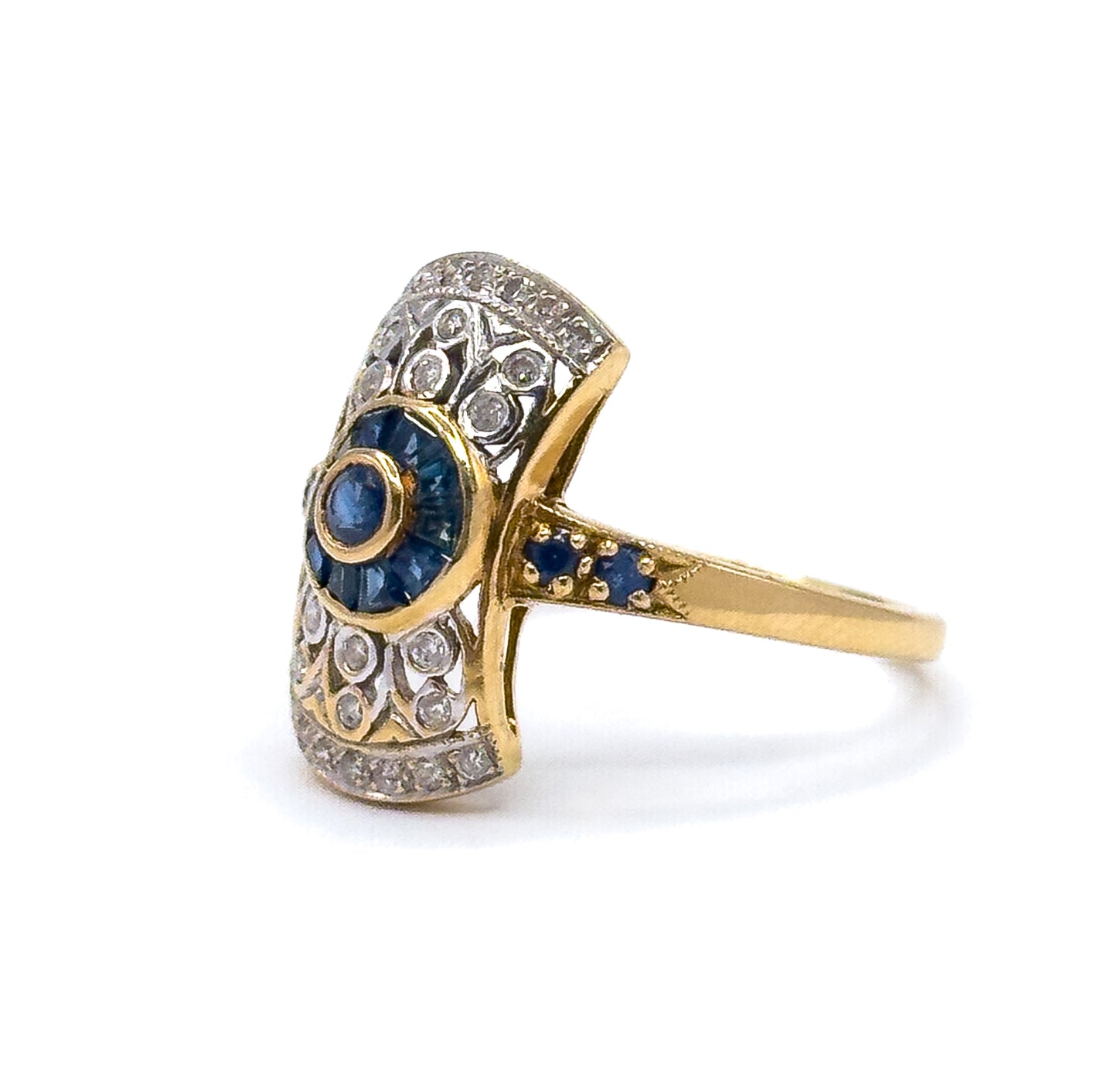 Vintage Art Deco Style Target Ring with Diamonds & Sapphires in 18K Gold
