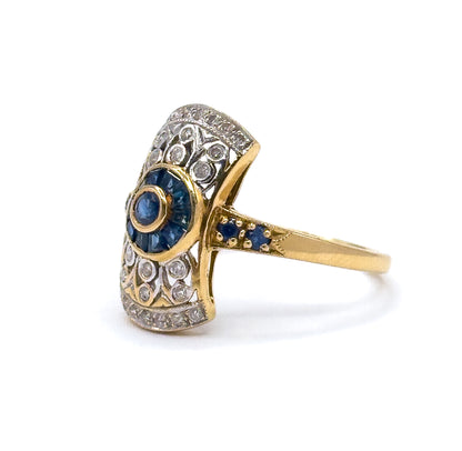 Vintage Art Deco Style Target Ring with Diamonds & Sapphires in 18K Gold