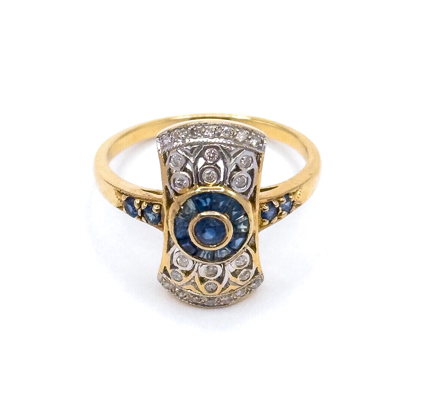 Vintage Art Deco Style Target Ring with Diamonds & Sapphires in 18K Gold