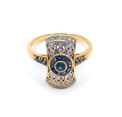Vintage Art Deco Style Target Ring with Diamonds & Sapphires in 18K Gold