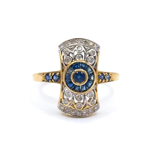 Vintage Art Deco Style Target Ring with Diamonds & Sapphires in 18K Gold