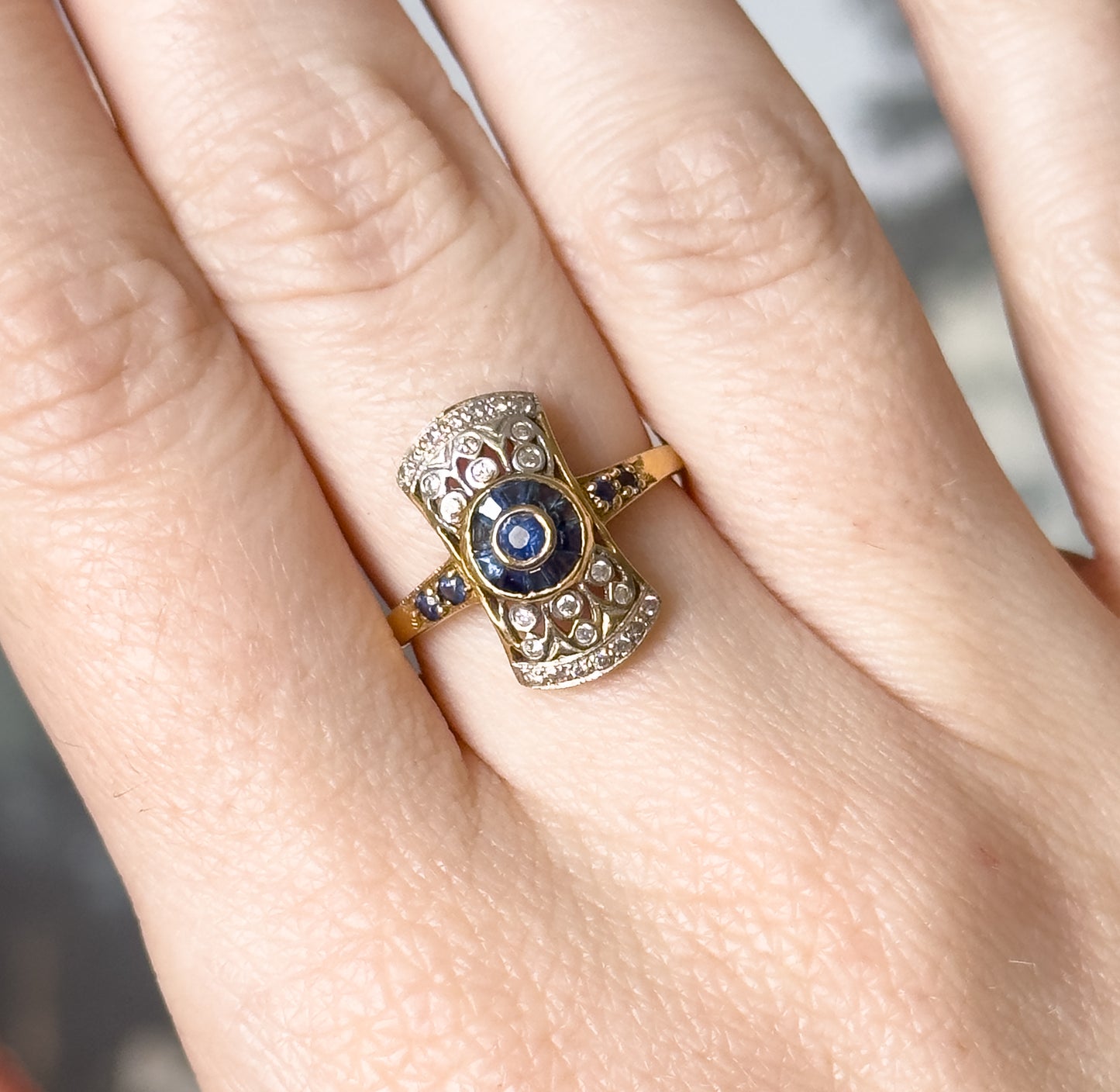 Vintage Art Deco Style Target Ring with Diamonds & Sapphires in 18K Gold